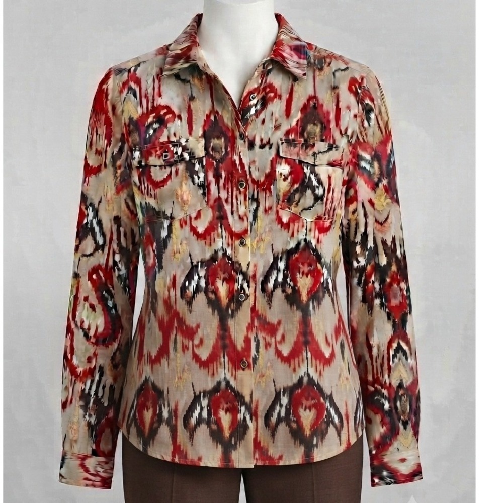 Chicos Red Ikat Print Button Up Shirt Long Sleeve Blouse Size 1 Medium